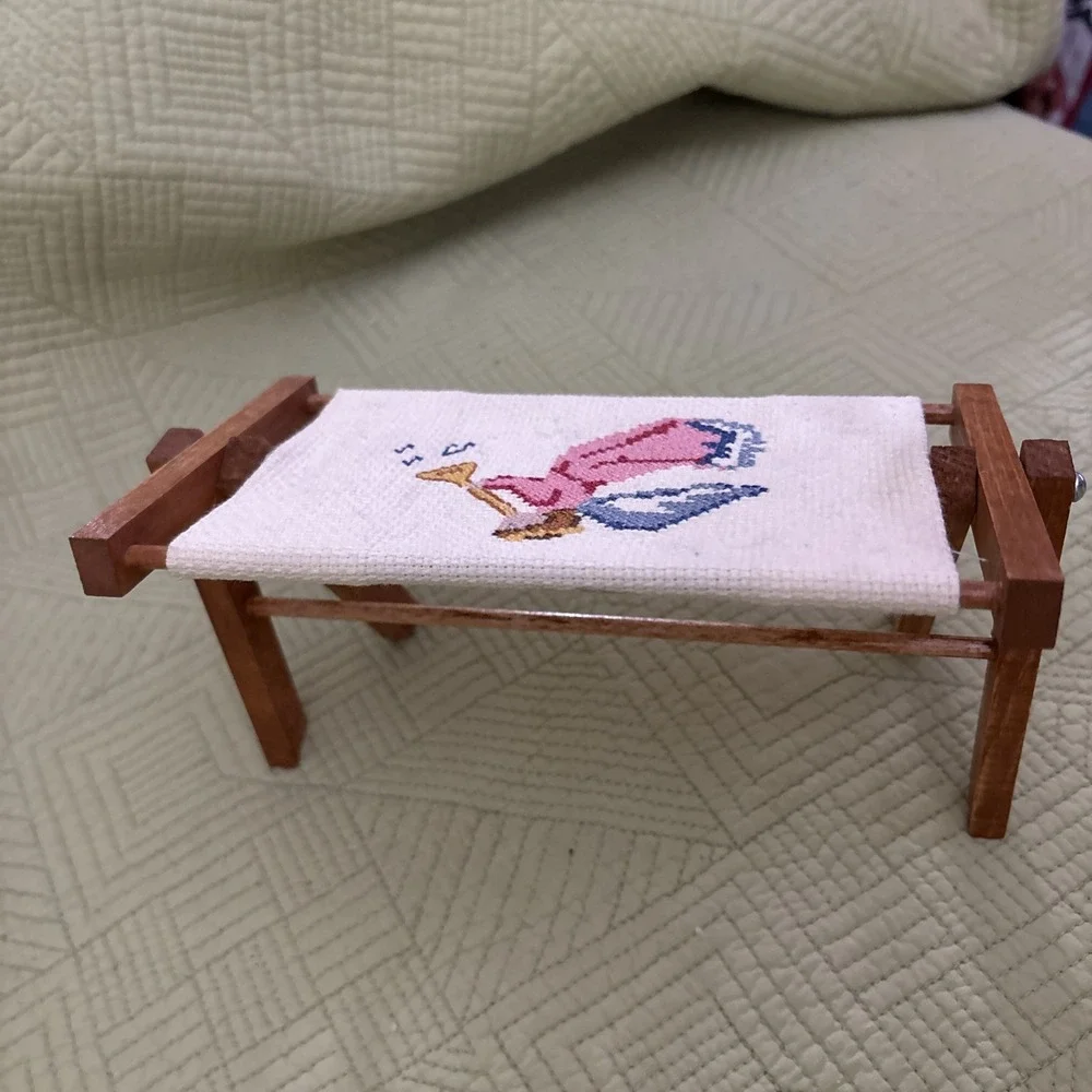 Vintage 6x4 Needlepoint Angel Trumpet on Wooden Tabletop Scroll Frame Christmas